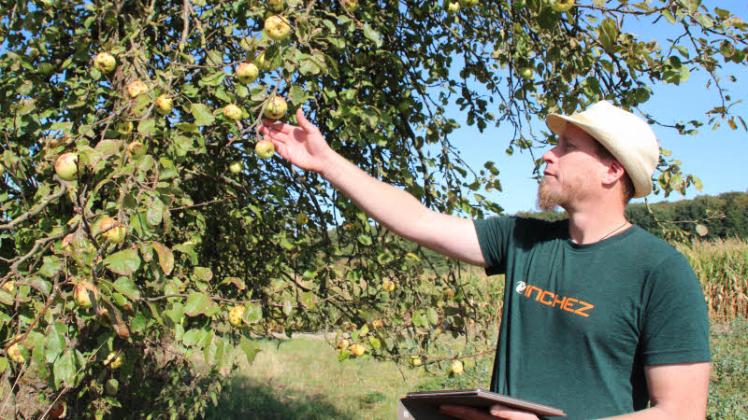 Mit Strohhut und Tablet-PC klappert der 41-jährige Biologe André Beutler-Koch die Straßen ab auf der Suche nach alten Apfelsorten.  Fotos: Holger Glaner 