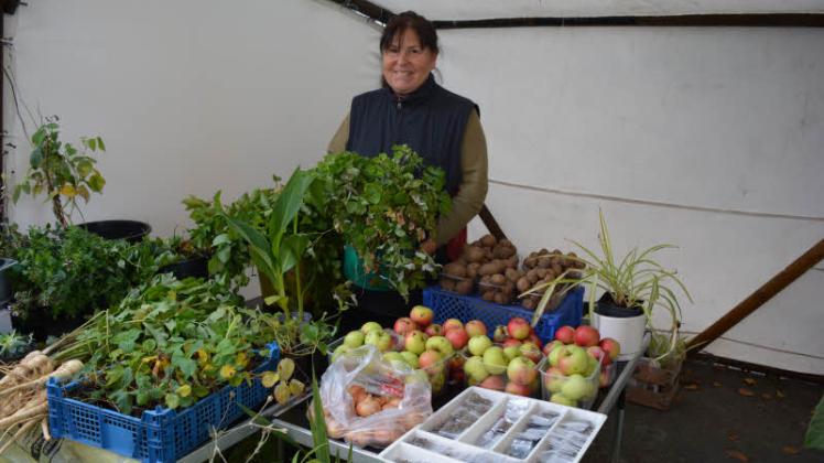 Obst und Gemüse aus ihrem eigenen Garten bietet Marita Waldeck aus Tessin am Sonntag beim 3. Schwaaner Regionalmarkt auf dem Platz vor der Kirche an.  
