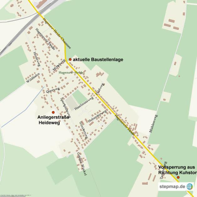 Viele Autofahrer missachten die Absperrung und fahren über den schmalen Heideweg Richtung Hagenow. Grafik: Stepmap Viele Autofahrer missachten die Absperrung und fahren über den schmalen Heideweg Richtung Hagenow. Grafik: Stepmap