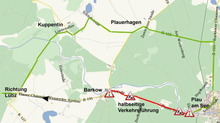 Zwischen Plau am See und Barkow wird auch gebaut. Die Entlastungsstrecke (grün) bleibt für Pkw- und Lkw-Fahrer bestehen.  Grafik: stepmap, 123map, openstreetmap, odbl, 1.0 