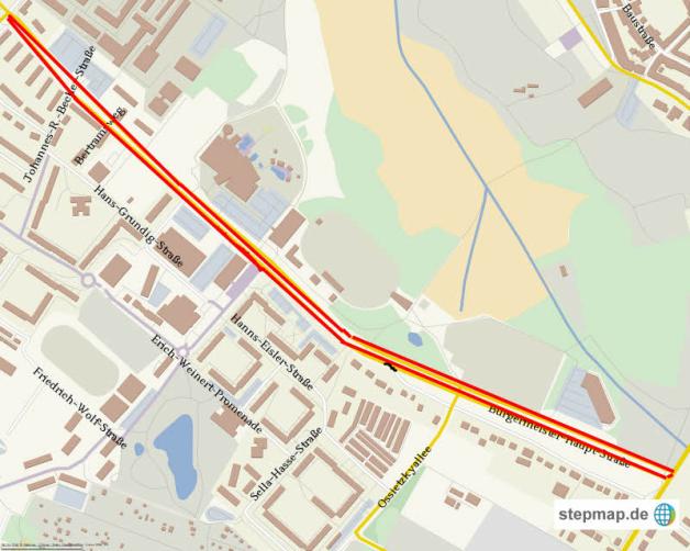Der Hanseatenring – heute Bürgermeister-Haupt-Straße.   Grafik: Stepmap, 123map, OpenStreetMap, ODbL 1.0  