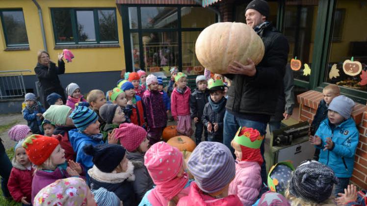 Staunende Kinder in Schlagsdorf: So riesig wurde der Sieger-Kürbis. Er bringt 27,5 Kilo auf die Waage.  Fotos: Michael Schmidt 