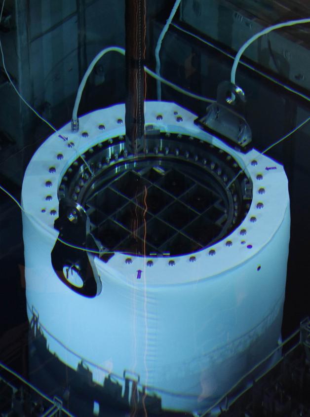 Der Castor-Behälter bei der Verladung der Brennelemente unter Wasser.