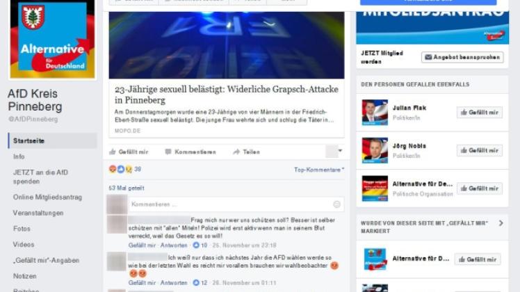 Ein Screenshot von gestern Vormittag von der Facebookseite der AfD im Kreis Pinneberg: Er zeigt rot markiert den Kommentar von Torsten A. , welcher später gelöscht wurde.  