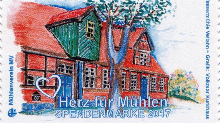 Die neue Spendenmarke für 2017 zeigt die Bruchmühle in Vellahn 