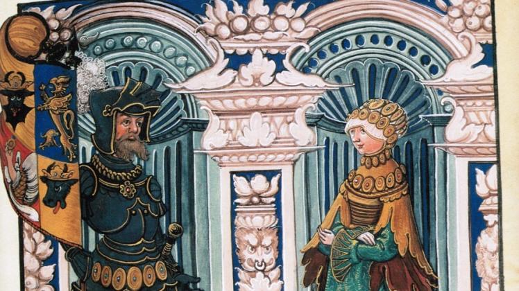 Heinrich II., genannt der Löwe und seine Frau Beatrix. Auf der zeitgenössischen Darstellung trägt der Herzog ein Banner, dessen Wappen den „Stargarder Arm“ zeigt. 