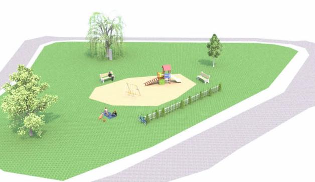 3D-Entwurf des als Standort favorisierten Spielplatzes auf dem weitläufigen grünen Dreieck in der Pennewitter Buswendeschleife.   Grafik: Elmar Pingel 