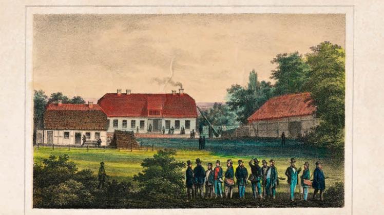 Historische Ansicht der Vierburg um 1850. Noch steht der Schlagbaum an der Zollstation.  Repro: Fritz Hossmann 