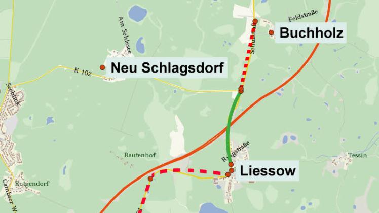Bislang ist nur ein kleines Stück Radweg (grün) entlang der L 101 zwischen Cambs und Leezen fertig. Geplant sind aber weitere Abschnitte (rot).  Karte: Stepmap, 123 map, OpenStreetMap, ODbL 1.0