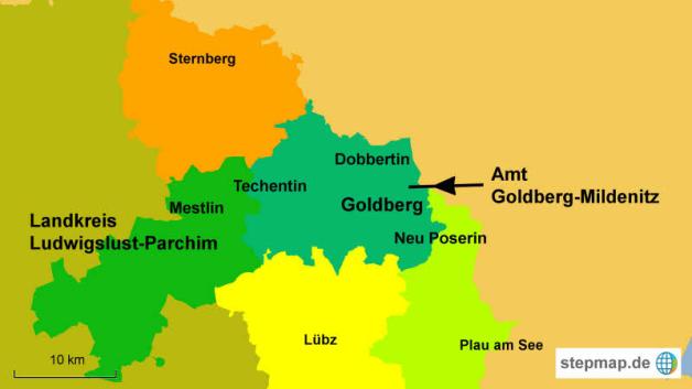 Das wohl größte Vorhaben im Amtsbereich Goldberg-Mildenitz in diesem Jahr wird die Arbeit an einem Regionalen Flächennutzungsplan sein.  Grafik: Stepmap, 123map, OpenStreetmap, odbl 1.0 
