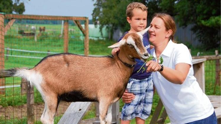 Imke Strüven und der kleine Lukas füttern eine Ziege im Streichelzoo.