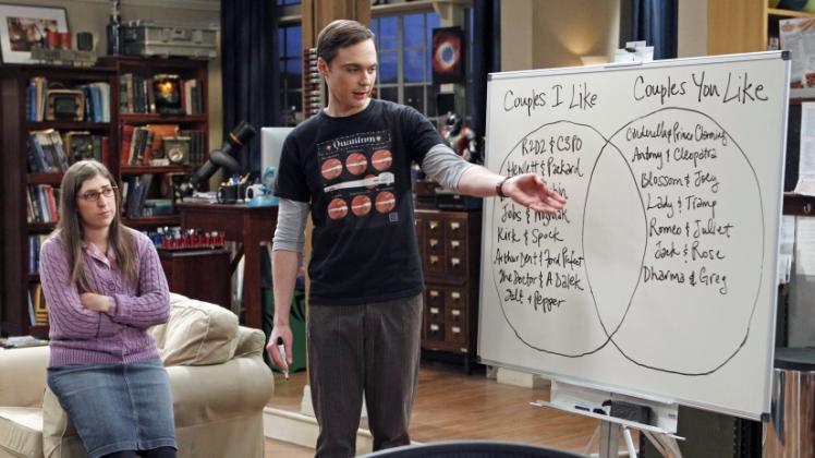 Die US-Schauspieler Mayim Bialik (l.) als Amy Farrah Fowler und Jim Parsons als Sheldon Cooper in einer Szene aus der Serie „The Big Bang Theory“ 