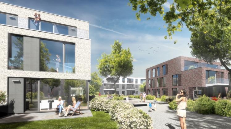 14 Mehrfamilienhäuser mit zwei Geschossen plus Staffelgeschoss sollen zwischen Johann-Rist-Gymnasium und Wiedestraße entstehen. 28 der 133 Wohnungen werden mit öffentlichem Fördermitteln gebaut.  