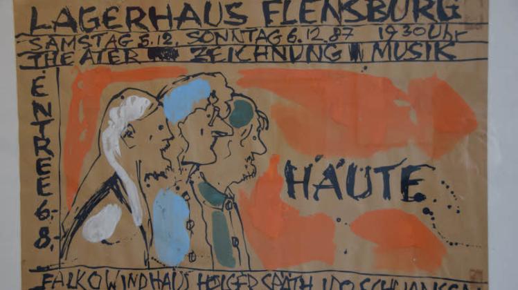 Ein von Holger Späth gezeichnetes Plakat einer Ausstellung des Ateliers Häute: Falko Windhaus, Holger Späth, Peter Jochimsen (v. l.). 