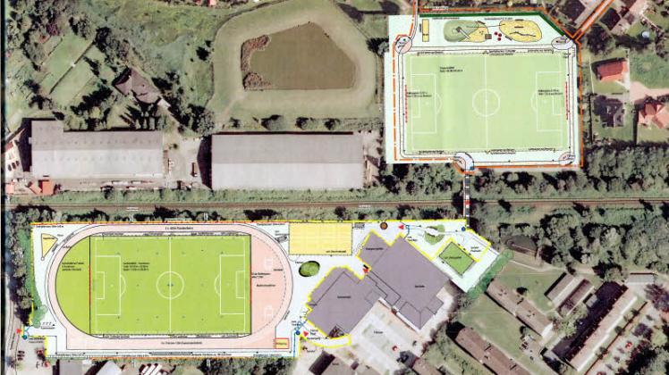 Das Wilstermarsch-Stadion (vorne links) bekommt ein völlig neues Gesicht: Für das Spielfeld gibt es Kunstrasen, für die Laufwettbewerbe eine Tartan-Bahn. Im nächsten Schritt soll dann die Sportanlage Büttel (oben rechts) in Angriff genommen werden. Dort sind Sport- und Fitnessangebote für alle Altersgruppen vorgesehen.