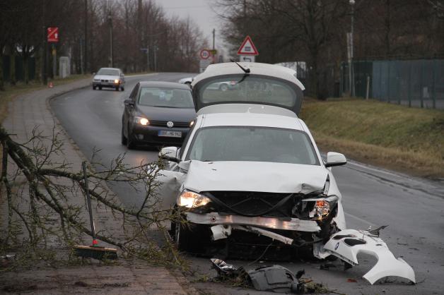 Fahranfänger schrottet eigenen BMW: 20-Jähriger fällt in Groß Schwaß drei Bäume und einen Lichtmast