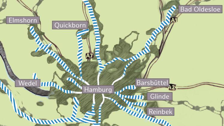 Aus allen vier Himmelsrichtungen sollten die „Turbo-Strecken“ für Radler nach Hamburg führen. 