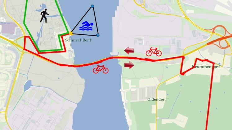 Die genauen Streckenführungen des Rostocker Triathlons im und um den IGA-Park stehen zwar noch nicht fest. Doch grobe Orientierungen gibt es schon. Nach einem Strandstart wird in der Warnow geschwommen. Die Radstrecke (rot) – wahrscheinlich mehrere Runden – soll durch den Warnow-Tunnel bis zu einem Wendepunkt nach Krummendorf führen. Der abschließende Lauf (grün) führt dann durch den IGA-Park.  Grafik: Stepmap, 123map, OpenStreetMap, ODbL 1.0 