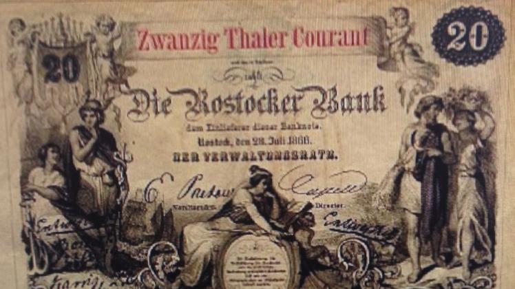 Banknote von 1866 aus „Illustrierte Chronik der Hansestadt Rostock (I. Koch). Repro: Edwin Kuna  