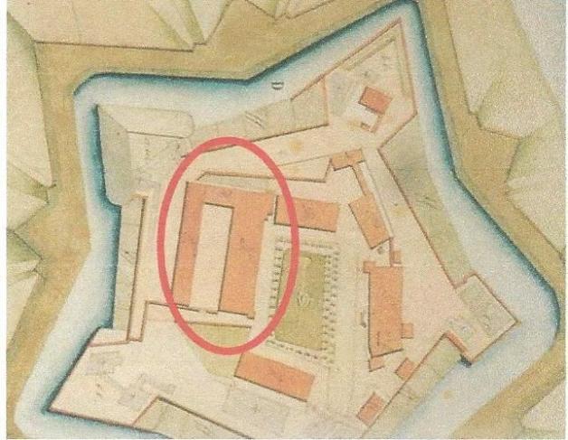 Plan der Festung um 1850, Zucht- und Tollhaus hervorgehoben