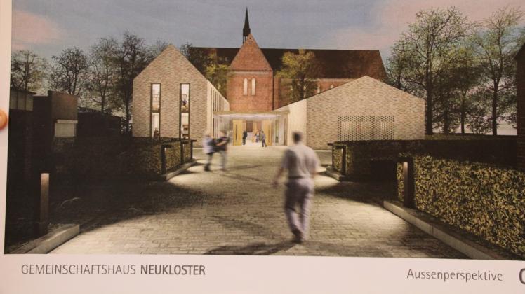 Der Vorschlag des Planungsbüros für das zukünftige Gemeinschaftshaus in Neukloster mit Blick auf die Kirche.  Fotos: Kerstin Erz  