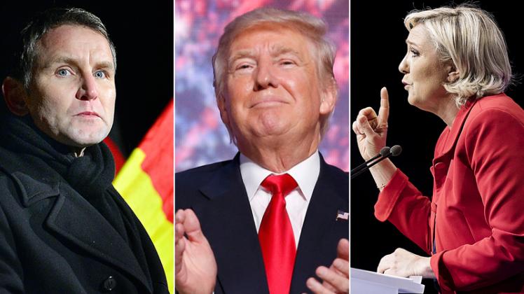 Gelten als Populisten (von links): AfD-Politiker Björn Höcke, US-Präsident Donald Trump und die Vorsitzende der rechtsextremen Front National, Marine le Pen. 