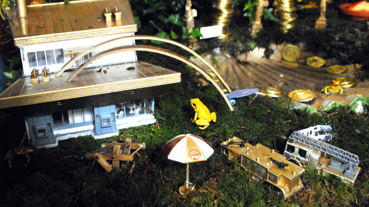 Die gelben Schrecklichen Pfeilgiftfrösche schlüpfen beim Gewinnspiel in die Rolle der „Jumps“. In der stylischen Miniaturwelt, in der die Tiere ihre Wetterprognose abgeben, gibt es Luxusvillen, Autos und ganz viele Goldstücke.  Fotos: Koepke (1) / Popp (2) 
