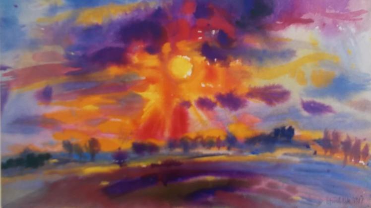 „Sonnenuntergang“:  Die Aquarelle Rainer Stuchliks zeichnen sich durch intensiv leuchtende Farben aus.   