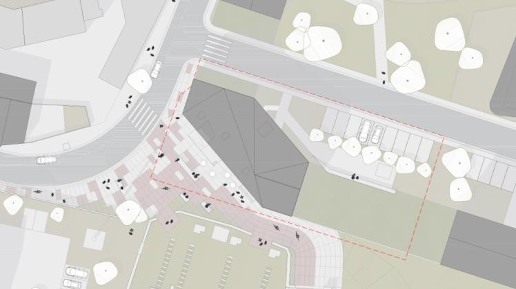 Der von „rundzwei“ entworfene Neubau (rot) soll leicht schräg zur Hafenstraße stehen und so eine platzartige Erweiterung an der Promenade schaffen.  Zeichnung: „rundzwei“ 