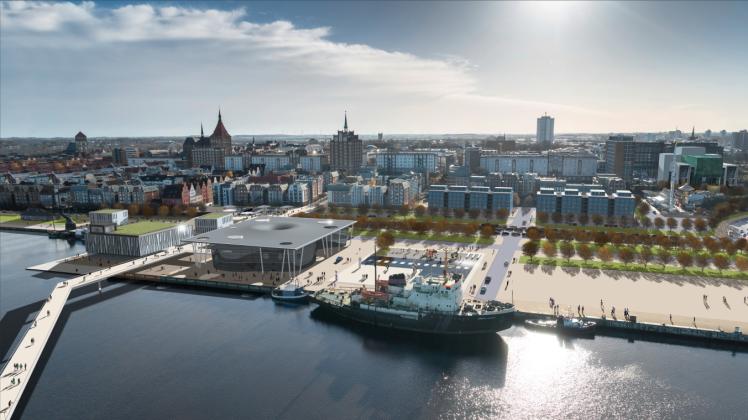 Sollte sich das künftige Archäologische Landesmuseum – wie in dieser Visualisierung – am Stadthafen ansiedeln, könnten im Rosengarten mehr Wohnungen entstehen. Grafik: Hansestadt Rostock 