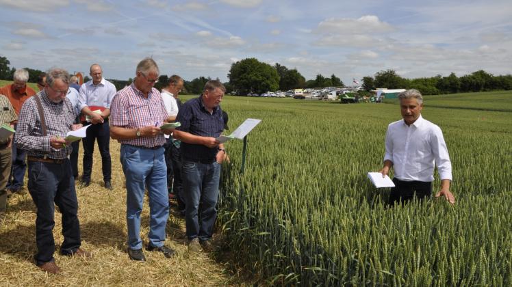 Marcus Hahn (r.), Leiter Pflanzenschutz des LALLF, erläutert den Landwirten die Versuche mit Pflanzenschutzmitteln.  Fotos: peter täufel 
