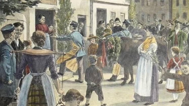 „Der Umzug des Pfingstochsen in Mecklenburg“ lautet der Titel dieses Holzstichs, der nach einer Zeichnung von Franz Müller-Münster entstand.