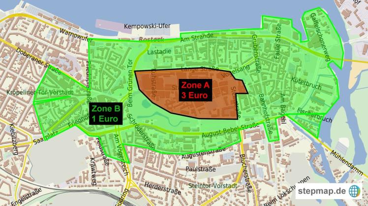 Während der Hanse Sail und des Weihnachtsmarkts will die Stadt auch in Zone B drei Euro von den Nutzern kassieren. Grafik: Stepmap, 123map, OpenStreetMap, ODbL 1.0 Während der Hanse Sail und des Weihnachtsmarkts will die Stadt auch in Zone B drei Euro von den Nutzern kassieren. Grafik: Stepmap, 123map, OpenStreetMap, ODbL 1.0