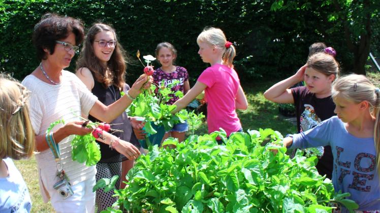 Marion Burchard (l.) mit Schülern im ökologischen Schulgarten, der 1999 angelegt und 2017 neu gestaltet wurde. 