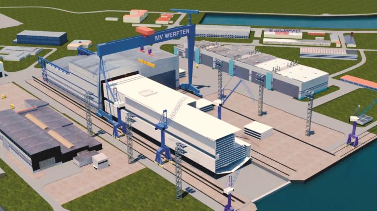Die Visualisierung veranschaulicht den Bau der Global Class im Dock bei den MV Werften in Warnemünde. Die Fertigstellung des Flaggschiffes wird für 2020 angesteuert Fotos: rfra, mv werften Die Visualisierung veranschaulicht den Bau der Global Class im Dock bei den MV Werften in Warnemünde. Die Fertigstellung des Flaggschiffes wird für 2020 angesteuert Fotos: rfra, mv werften