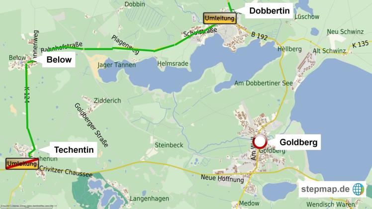 Die Umleitung führt von Dobbertin über Below und Techentin. 