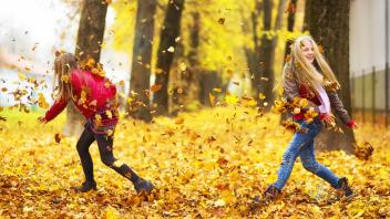 Two girls playing with autumn leaves model released Symbolfoto PUBLICATIONxINxGERxSUIxAUTxHUNxONLY M