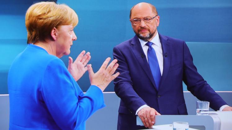 Das einzige TV-Duell zwischen Angela Merkel (CDU) und Martin Schulz (SPD) vor der Bundestagswahl 2017 wurde gemeinsam vom Ersten, RTL, SAT.1 und ZDF übertragen.  