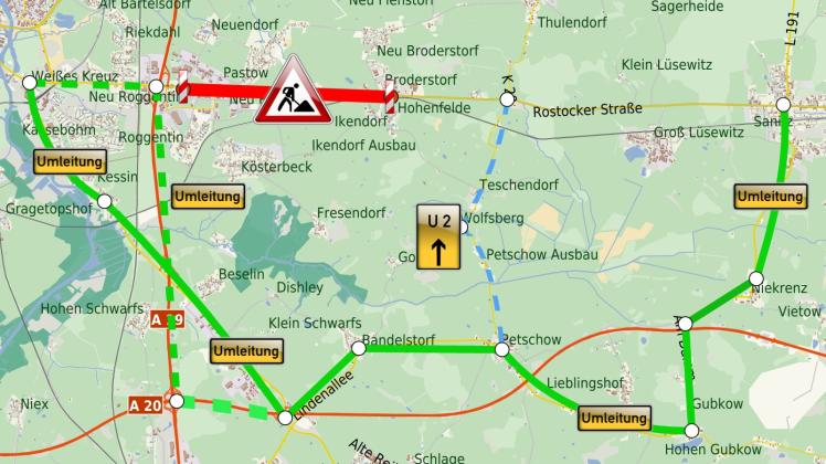 Während die Fahrbahn der Bundesstraße erneuert wird, müssen Autofahrer die Baustelle weiträumig über die L 191 (Kessin, Dummerstorf, Gubkow) bis nach Sanitz umfahren. 