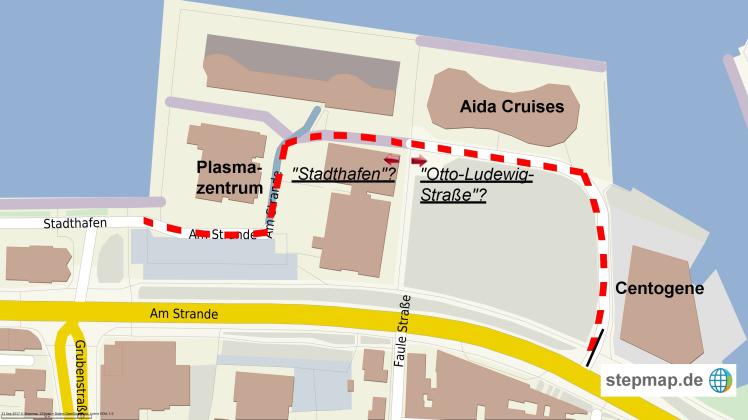 Für eine bessere Übersicht will die Stadtverwaltung die Straßenzüge auf der Holzhalbinsel in Stadthafen und Otto-Ludewig-Straße umbenennen. Firmen wie Aida und Centogene zeigen sich besorgt. Grafik: Stepmap, 123map, OpenStreetMap, ODbL 1.0 