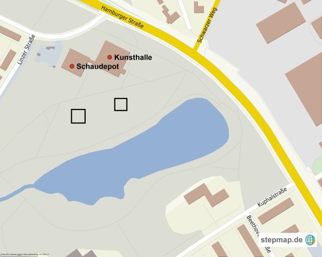 Bisher wurden die beiden Standorte, die von den Kästchen markiert werden, diskutiert. Die Variante links unterbreitete der Architekt als Vorschlag. Grafik: Stepmap, 123map, OpenStreetMap, ODbL 1.0 
