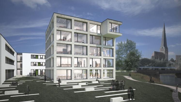 Blick auf das künftige Kompetenzzentrum für nachhaltiges Bauen am Warnowufer  Grafik: Bastmann+Zavracky BDA Architekten GmbH 