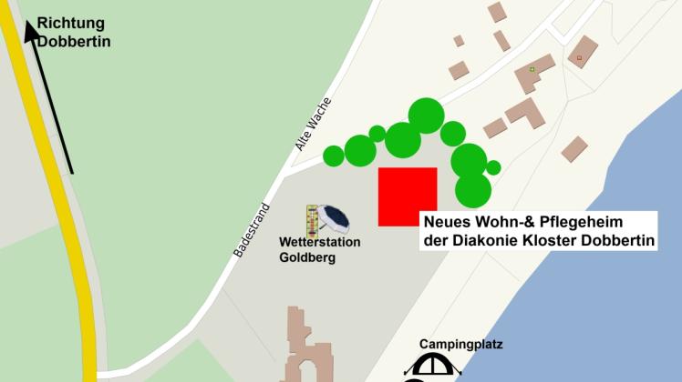 Nordöstlich der Goldberger Wetterstation – unweit des Sees – soll ein neues Wohn- und Pflegeheim der Diakonie Kloster Dobbertin gGmbH entstehen (rot gekennzeichnet).  Grafik: stepmap, 123 map, openstreetmap, odbl, 1.0 