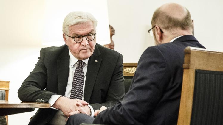 Bundespräsident Frank-Walter Steinmeier (l) unterhält sich im in Schloss Bellevue in Berlin mit Martin Schulz. 