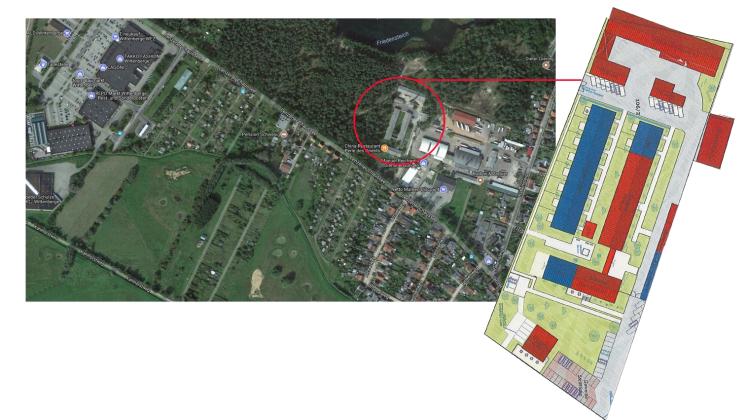 Blau dargestellt sind die Wohngebäude, rot die für Gewerbe.  Collage: Prignitzer/Google maps,  Entwurf: Architekturbüro Magolz  