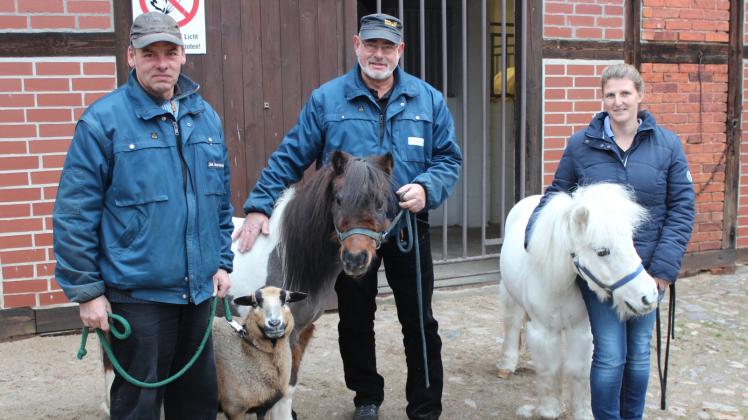Sie kümmern sich um die Tiere: Stallmeister Wilfried Schwenk mit Wilma und Helmut Peters mit Geri sowie Therapeutin Andrea Gabriel-Vogt mit Goliath.
