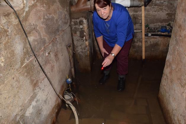 Knöcheltief steht  Heidrun Michael mit Gummistiefeln im Keller im Wasser. Jeden Tag muss sie die Pumpe anschmeißen. 