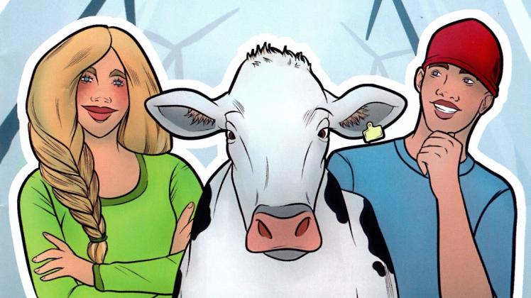 Die fiktiven Protagonisten des mit Glückstädter Schülern entwickelten Regiobranding-Comics: Miriam und Tim mit Kuh Berta. 