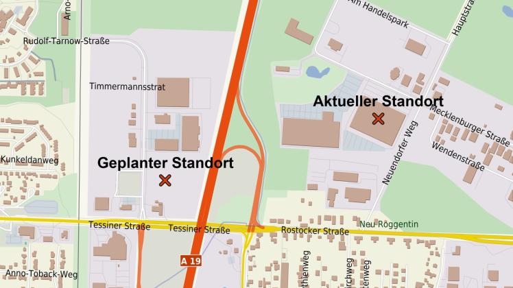 Der Handelshof plant einen Umzug von Neu-Roggentin nach Rostock. Grafik: Stepmap, 123map, OpenStreetMap, ODbL 1.0 