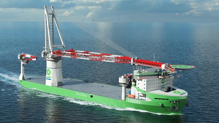 So könnte der neue Schwerlast-Kran Liebherr HLC 295000 auf dem Offshore-Schiff „Orion“ aussehen. Grafik: Liebherr 